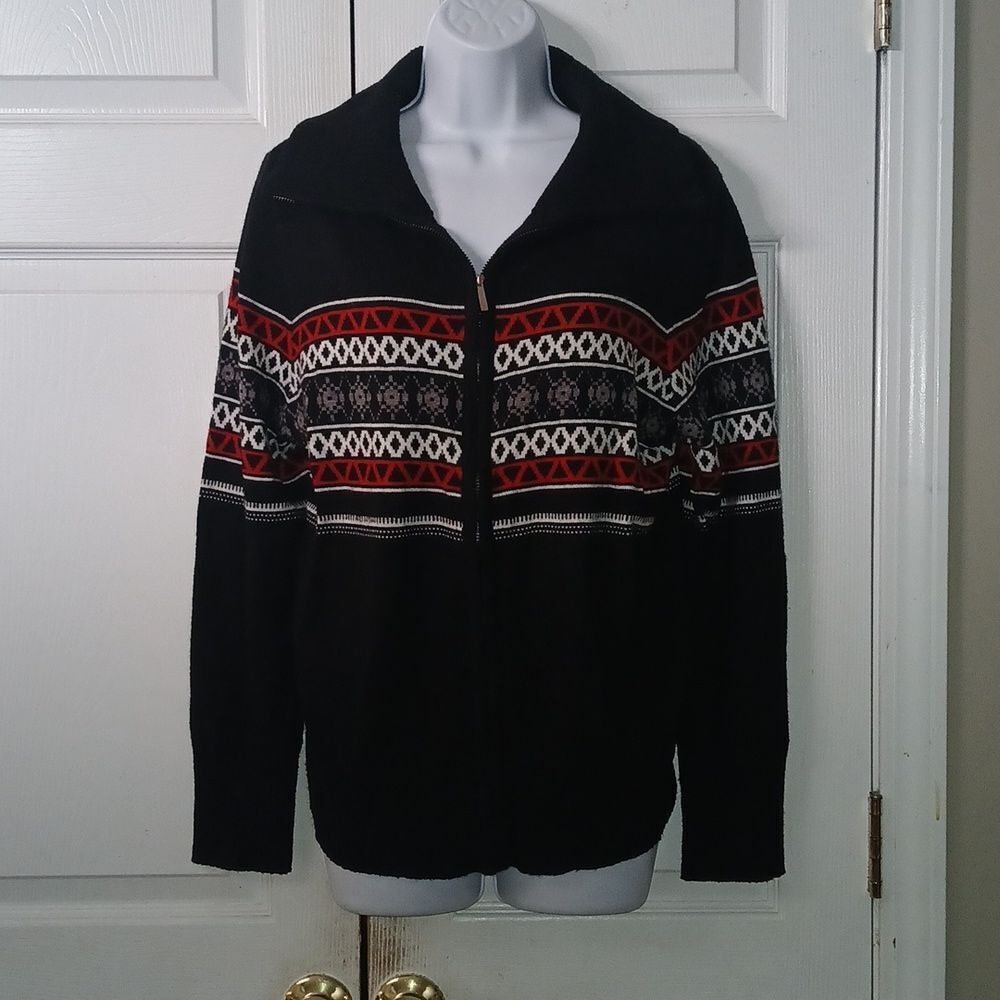Josephine  Chaus  black red white zip up sweater cardigan Sz L NWOT